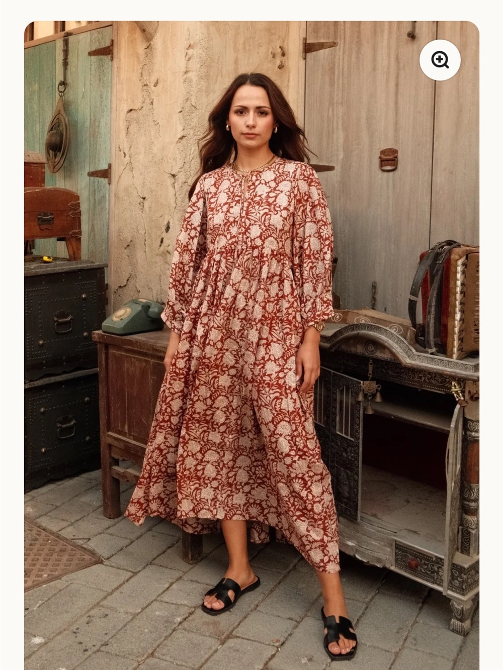 Relaxed Floral Tiered Midi Dress in Rust